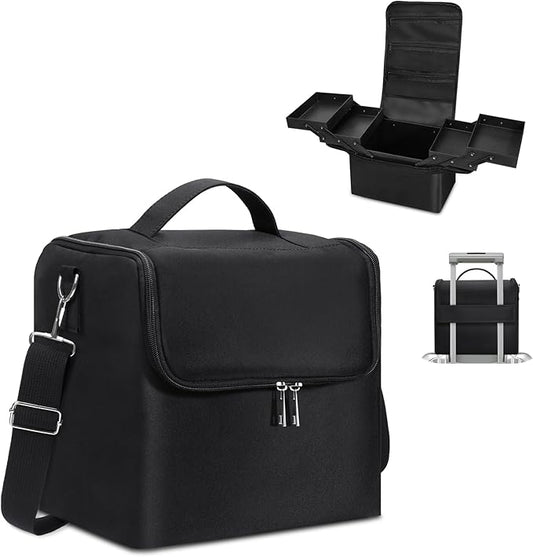 Large Makeup Carrying Train Case for Women, Black Travel Bag Storage Box,4 Tier Professional Nail Organizer Case with Adjustable Dividers for Nail Tools Jewelry MakeUp Brushes