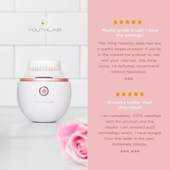 YouthLab Pure Radiance, Vibrating Facial Cleansing Brush, Electric, 3 Modes, 3 Brush Heads (2 Bristle,1 Silicone), Waterproof, Rechargeable, Smart Timer, Exfoliating, Massage (Rose Gold)