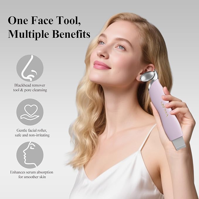 Vangines Blackhead Scraper Tool & Skin Scrubber Face Spatula for Blackhead Removal, Pore Cleaning, with Cooling Ice Roller & 2 Silicone Brush Heads (Berry Mauve)