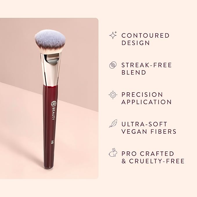 BK BEAUTY 115 MEDIUM CONTOURED FOUNDATION BRUSH – Contoured Foundation Brush for Liquid Makeup - Foundation Makeup Brushes - Face Brush For Liquid Or Cream Foundation