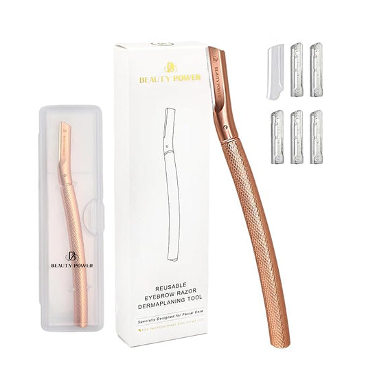 Beauty Power Eyebrow Razor with 6 Blades & Travel Case – Face Razors for Women & Men, Eyebrow Trimmer Shaper with Precision Cover, Facial Shaver & Dermaplaning Tool for Smooth Skin (Rose Gold)