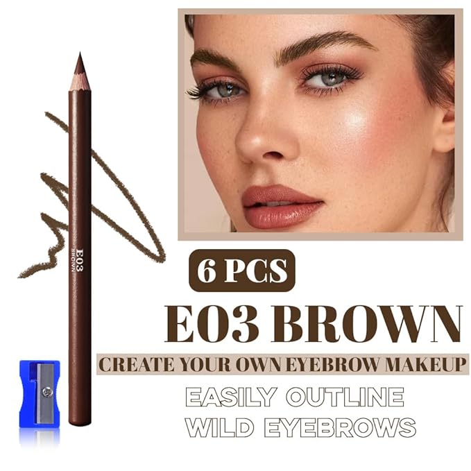 Eyebrow Pencils for Women with Sharpener, 6Pcs Hard-Core Wooden Eye Brow Eye Liner Pencils for Beginner Makeup, Waterproof & Sweat-Proof (6Pcs-Brown)