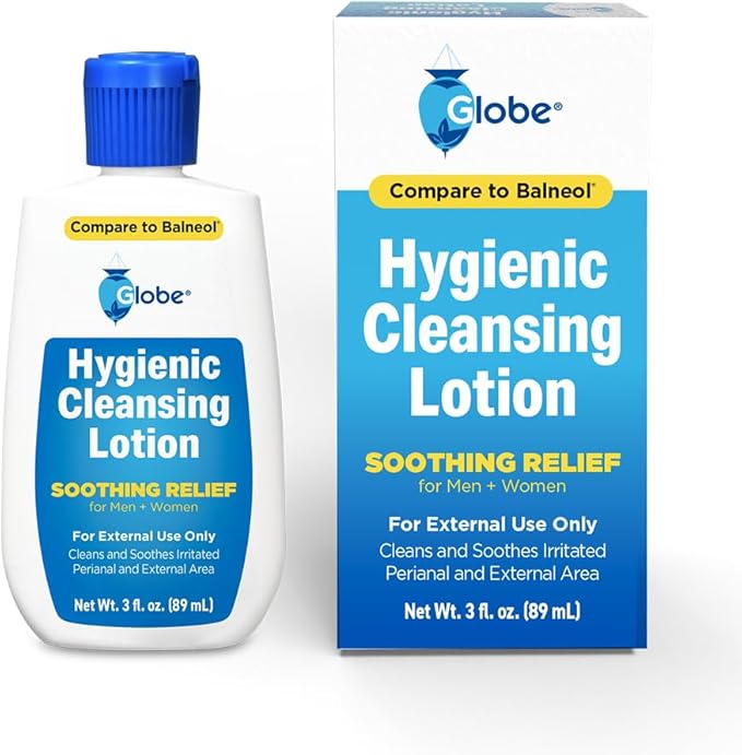 Globe Hygienic Cleansing Lotion for Men and Women, Discomfort, Pain & Itch Relief for Sensitive Areas, Cooling, Non-Irritating & Non-Drying Gentle Personal Care Cleanser, Travel Must Have,3 oz Bottle