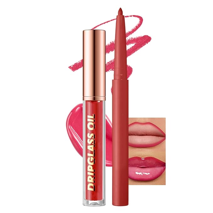 Jutqut Red Lip Liner and Gloss Lip Kit, Waterproof Long-Lasting Combo Set with Matte Lip Liner Pencil and Non-Sticky Pluming Tinted Gloss, Highly Pigmented Lipliner Set for Women (10 Red)