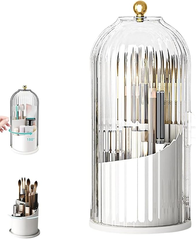 Concealed Toothbrush Holder with Sliding Lid, 360° Rotating Makeup Brush Organizer, Dustproof Storage Tube for Vanity Countertop, Portable Cosmetic & Tool Case (White)