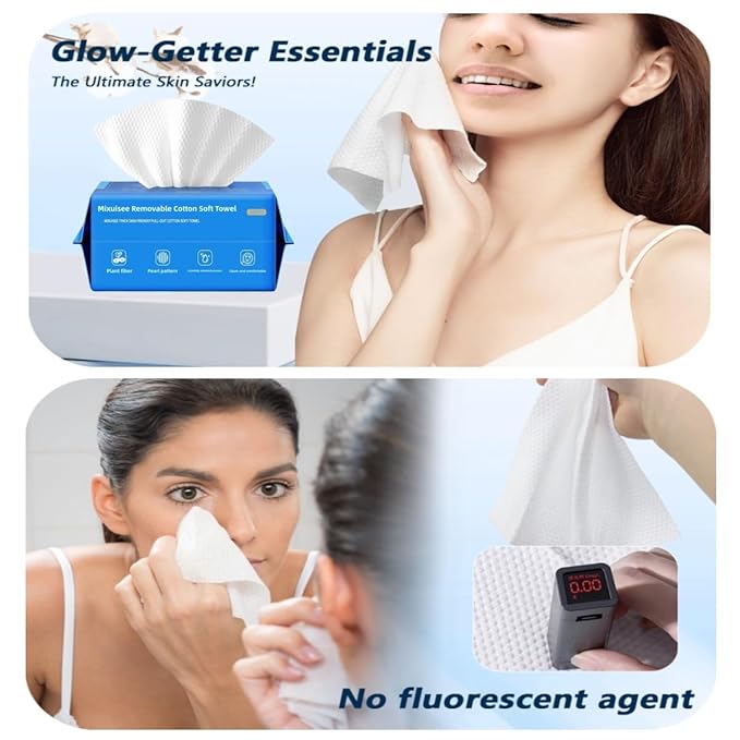 Disposable face towels, MIXUISEE thick and soft face towels. 100% pure cotton, super thick 130%. Suitable for makeup removal and cleansing, and applicable to sensitive skin. (100 pieces)