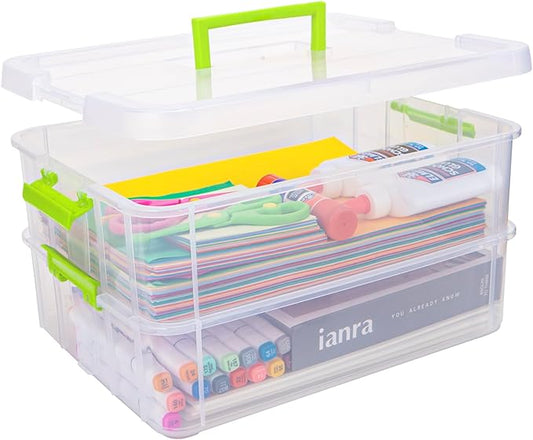 TERGOO 2 Layer Plastic Storage Containers with Lids, Multipurpose Clear Stack & Carry Box, Portable Craft Organizers and Storage Bin for Organizing Art & Craft, Sewing, Makeup, Nail Supplies (Green)