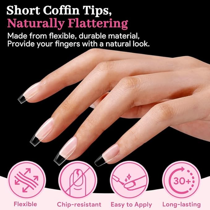 Qiek Medium Coffin Fake Nail Tips, 15 Sizes 240 PCS Clear Half Matte Press On False Nail Tips Pre-shaped Half Soft Cover Gel Nail Tips Extensions Thick Long Lasting for DIY Beginners & Salon Manicure