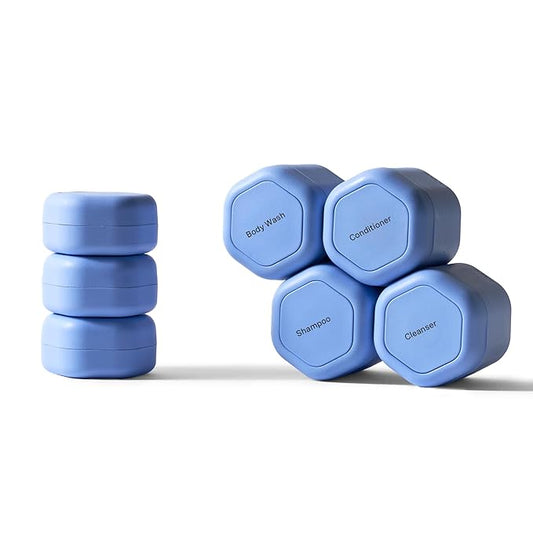 Cadence Travel Containers - Daily Routine Capsule Set - Magnetic Containers with Lids,4 Flex Mediums (1.32oz) & 3 Flex Smalls (0.56oz) - Shampoo, Conditioner, Body Wash, Pills, & More - Pacific