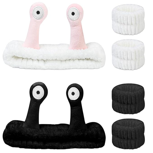 Snail Face Wash Headband Skincare & Wrist Bands for Washing Face Set Cute Spa Headband for Women and Wrist Faces Wash Bands for Shower, Facial Cleaning, Soft Coral Fleece Makeup Headbands,Black&White