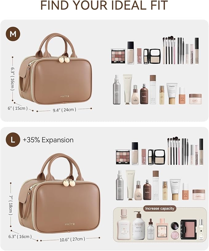 Prite Travel Makeup Bag Women’s Large Capacity Waterproof Cosmetic Organizer Portable Open Flat Toiletry Case with Free-standing Brush Holder and Handle(Brown Medium)