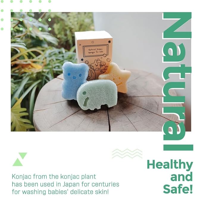 myHomeBody Konjac Baby Sponge for Bathing, Cute Shapes Natural Kids Bath loofah for Infants, Toddler, Newborns, Safe Plant-Based, 3pc. Set: Elephant, Bear & Star