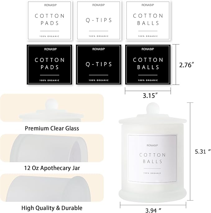 Ronasip Qtip Holder & Cotton Pad Dispenser, Bathroom Organizer and Storage Canisters, 16oz Glass Apothecary Jars for Kitchen, Restroom - Home Decor, Room Decor Aesthetic (2 Pack, Frosted White)