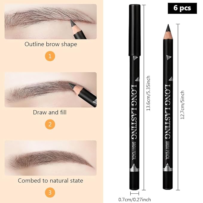 6Pcs Eyebrow Pencils for Women, Wooden Hard-Core Black Eyebrow and Eyeliner Pencil, Long Lasting Waterproof and Sweat-Proof, Beginner Makeup Brow Pencil, Create a Natural Eye Brow Makeup