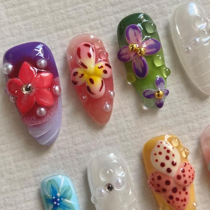 Small size Press On Nails - Handmade Unique Medium Almond Art Fake Nails, Thick Acrylic and Muti-Layer Gel False Nails, Reusable Gel Cured Sturdier 3D Fake Nails-S size