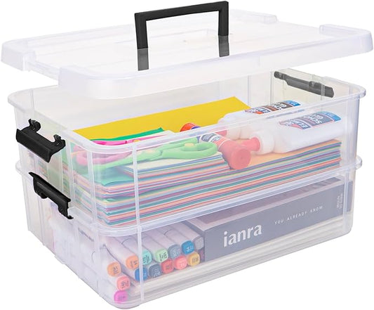 TERGOO 2 Layer Plastic Storage Containers with Lids, Multipurpose Clear Stack & Carry Box, Portable Craft Organizers and Storage Bin for Organizing Art & Craft, Sewing, Makeup, Nail Supplies (Black)