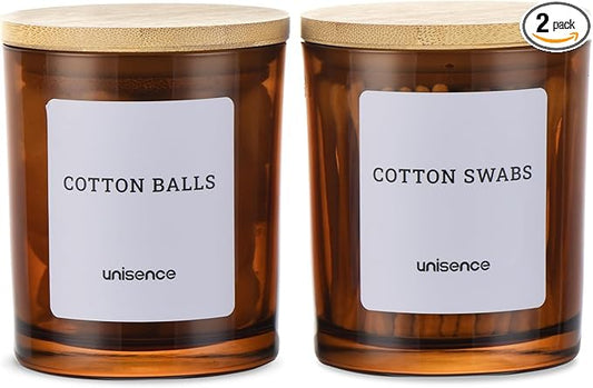 unisence Glass Qtip Holder 2 Pack , Qtip Holder Dispenser Bathroom Set Bathroom Organizers and Storage Q tip Holder with Lid Makeup Storage Organizer for Cotton Swabs,Cotton Balls,Pads ,Amber