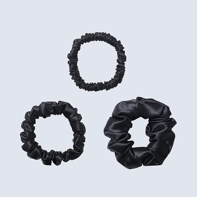 ZIMASILK 100% Mulberry Silk Hair Scrunchies – 19 Momme Elastic Silk Hair Ties for Women & Girls, Gentle No-Tug (3 Sizes, Black)