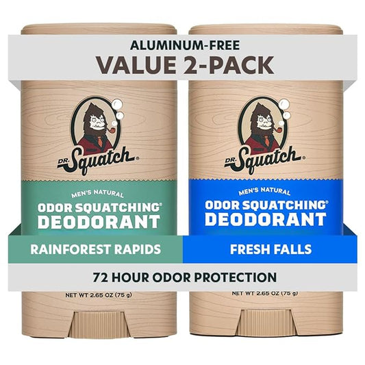 Dr. Squatch Natural Men’s Deodorant – Aluminum Free Natural Deodorant Men with Charcoal & Postbiotics for 72-Hour Odor Protection – Rainforest Rapids + Fresh Falls, 2.65oz Stick (2-Pack)