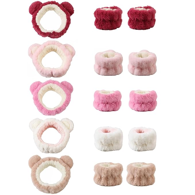 Gniwhd 15PCS Cute Cat Ears Spa Headband for Washing Face Makeup Skincare Headband with Wrist Bands, Sleepover Party Supplies for Women/Teen Girl Trendy Stuff Present (15PCS Bear Ears, standard size)