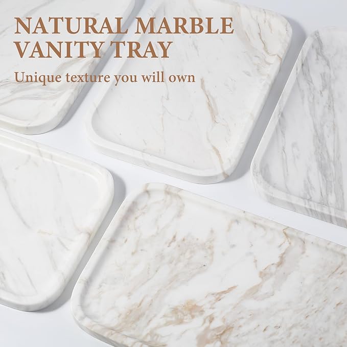 Karibiber Marble Vanity Tray, Marble Bathroom Tray Countertop, Decorative Trays for Dresser Organizer, White Stone Storage Serving Trays for Kitchen, Perfume, Jewelry Cathall Holder
