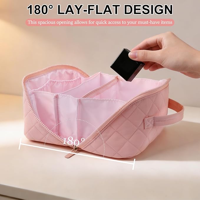 Travel Makeup Bag for Women - Puffy Padded Make Up Bags, Lay-Flat Water-Resistant Cosmetic Case, Large Capacity Cosmetic Bag for Travel Storage of Toiletries and Makeup Brushes (Pink)