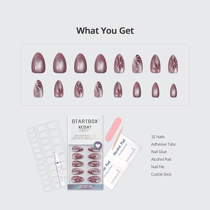 BTArtbox Press On Nails Short - Berry Spark, Lamp-Curable Glitter Almond Press On Nails with Glue and Adhesive Tabs for Women in 16 Sizes - 32 Soft Gel Glue On Nails Kit