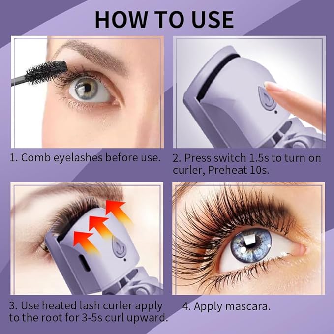 Heated Eyelash Curler, Fast 5s Heat up, 24 Hours Long Lasting, Rechargeable Electric Lash Curler, Temperature Control, Safe Anti-Burn Eye Lash Curler, Quick Natural Curling Lashes