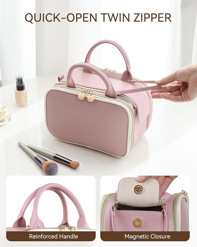Prite Makeup Bag for Women, Large Capacity Waterproof Travel Cosmetic Organizer, Portable Open Flat Toiletry Bag with Free-standing Brush Holder and Handle(Pink Medium)