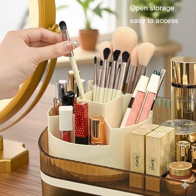Extra Large Capacity Makeup Organizer with Brush Holder - Plastic Vanity Countertop Storage for Full Skincare & Cosmetic Collection