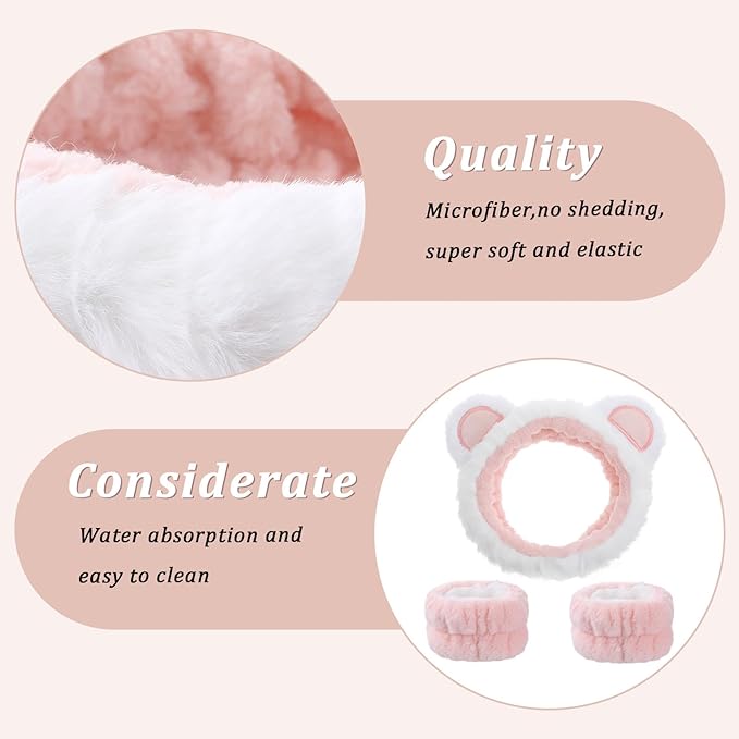 DOPENSPI 3Pcs Face Wash Headband with Wrist Towels, Soft Elastic Bear Ears Spa Headband Face Wash Hair Band Wristband Makeup Headbands for Women Skincare Bath Shower