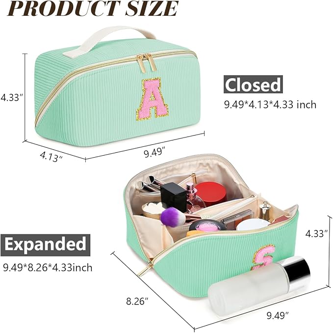 Personalized Initial Makeup Bag, Valentine's Day Gifts for Girls,Preppy Bag Cosmetic Travel Bag Women,Travel Toiletry Organizer,Large Capacity Corduroy Stuff Bag,Cute Cosmetic Pouch Skincare Bag