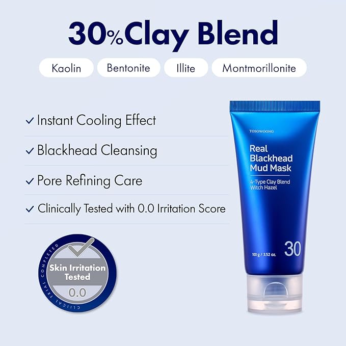 TOSOWOONG Real Blackhead Mud Mask, Facial & Nose Pore-Purifying Clay - Korean Mud Mask, Blackhead Remover for Face, Pore Tightening, Deep Pore Cleaner, Skin Cooling & Oil Control, 100 g / 3.52 oz.