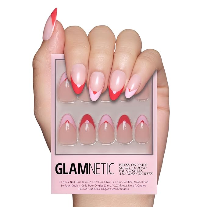 Glamnetic Press On Nails - Pure Hearted | Glossy, Semi-Transparent Short Almond Nails with Heart Accents, Salon Quality Valentine’s Nails | 15 Sizes - 30 Nail Kit with Glue