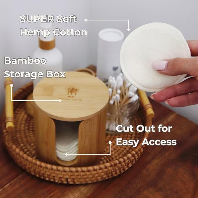 Reusable Hemp Cotton Rounds 15-Pack with Bamboo Storage Box – Ultra-Soft Organic Face Pads for Makeup Removal, Skincare Accessories, and Eco-Friendly Beauty Essentials