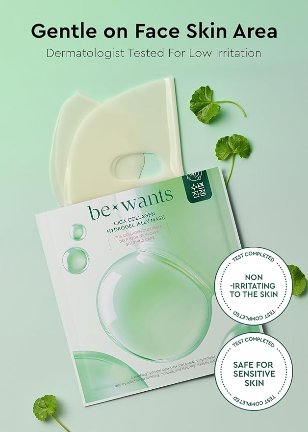 Bewants Cica Collagen Hydrogel Jelly Mask with Centella Asiatica, Aloe Vera, Cucumber Extract – Moisturizing Face Sheet for Soothing, Firming, and Radiance (1 Pack)