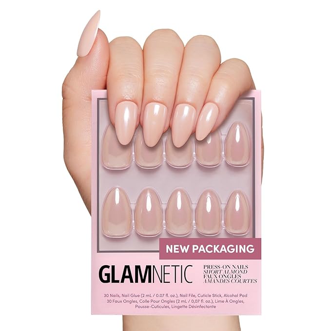 Glamnetic Press On Nails - Los Angeles | Solid Opaque Blush Nude Pink Short Almond Nails in Glazed Finish, Salon Quality | 15 Sizes - 30 Nail Kit
