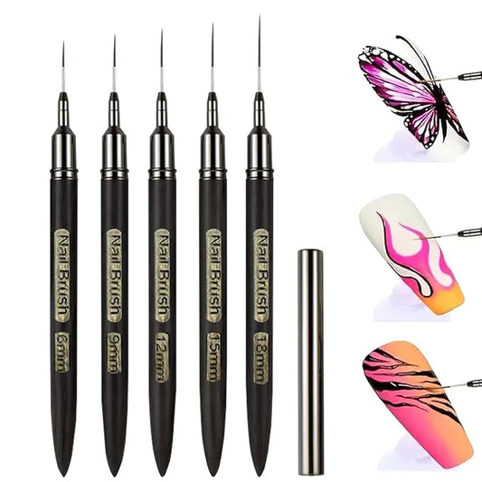 DAIXIANGER 5Pcs Nail Art Brushes, Wooden Liner Brush Set with Storage Tube, UV Gel Polish Painting Tool for Long Lines, Thin Details, Fine Drawing, Sizes 6/8/12/15/18mm-Black