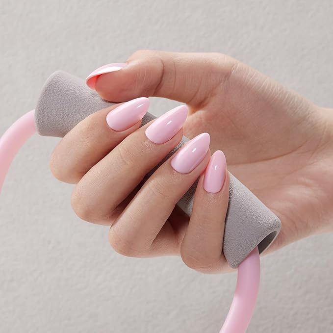 VSALON Press on Nails Short Almond - Pastel Baby Pink Fake Nails Kit for Women, Reusable Solid Opaque Soft Gel Glue on Nails with Glue, Protector Cuticle Oil - 32 PCS Stick on Nails in 16 Sizes