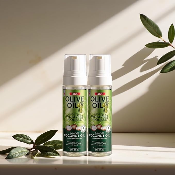ORS Olive Oil Hold & Shine Wrap Set Mousse Infused with Coconut Oil for Restorative Shine 7 Ounce (Pack of 2)