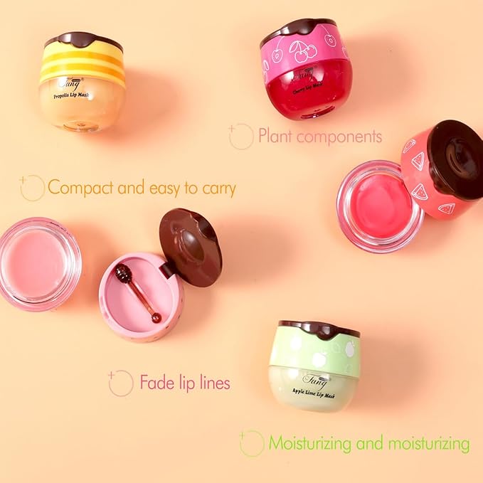 6 PCS Bee Lip Balm Honey Pot,Propolis Lip Mask Moisturizing,Reduces Lip Lines,Sleeping Lip Balm Prevention Dry and Cracked, Lip Scrubs Exfoliator (Honey,Strawberry,Watermelon,Apple Lime,Cherry, Mint)