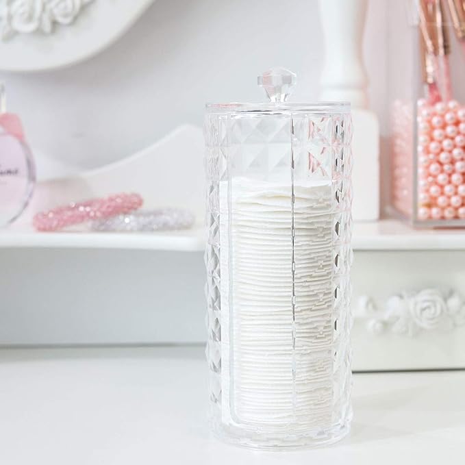Acrylic Makeup Cotton Round Holder, Luxspire Clear Diamond Pattern Cotton Pads Organizer Container Display Stand Cosmetic Makeup Storage Box with Lid - Clear