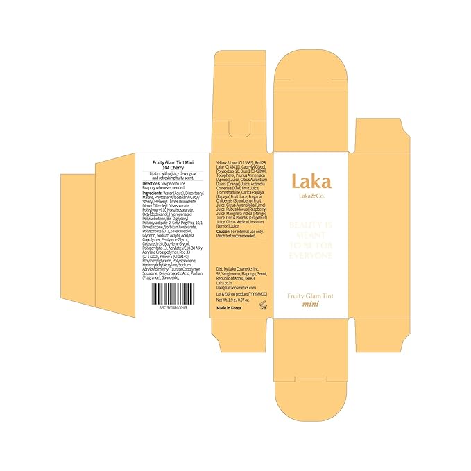 Laka Fruity Glam Lip Tint Mini, 1.9g/0.07oz, Glowing Lip Stain with Wide Color Spectrum, Hydrating & Lightweight Texture, Long-Lasting Bold Stain, Non-Sticky, Vegan, K-Beauty (#104 Cherry)