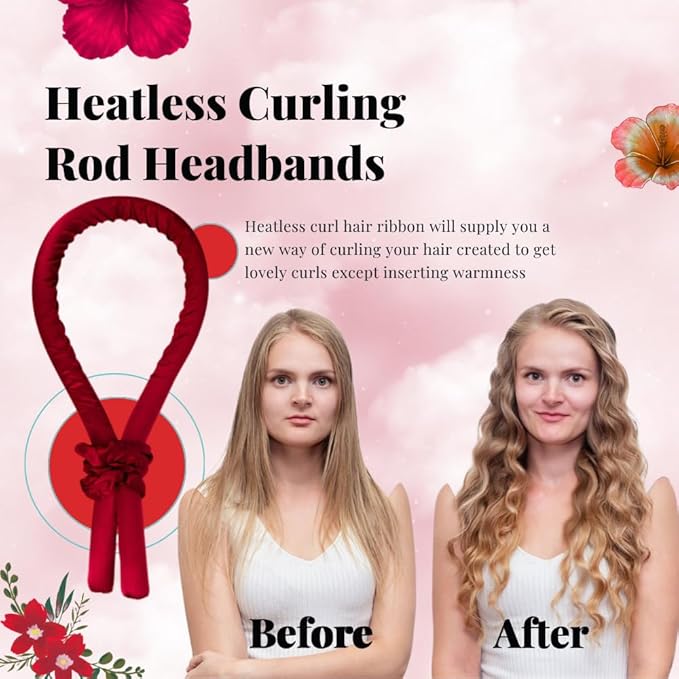 PURELYNE Heatless Hair Curler | 5PC No Heat Curling Rod Headband | With Satin Bonnet, Curler, 2 Scrunchies & Claw Clip Set | Curl Kit for Women & Girls (Wine Red, Medium)