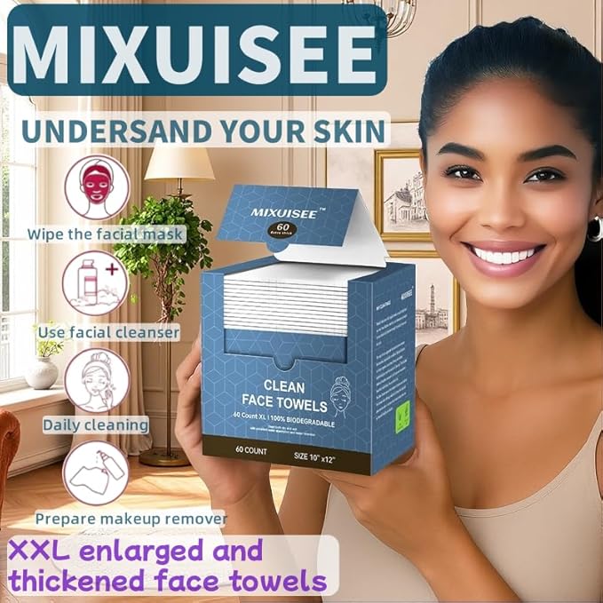 Disposable face towel, MIXUISEE thick and soft face towels. 100% cotton face cloths, facial towels 150% thickness. Increased size: 12 "x10", Makeup removal and cleaning (Extra thick 60 PCS)
