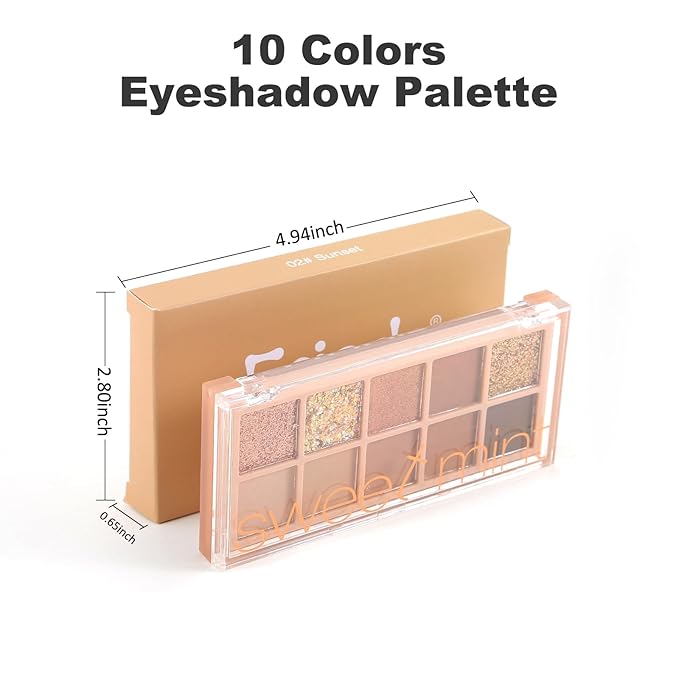 Erinde 10 Colors Eyeshadow Palette Makeup - Matte Shimmer Glitter Gold Brown Eye Shadow Korean Makeup, Ultra-Blendable, High Pigmented, Natural-Looking, Neutral Eyeshadow Palette with Brush, Sunset