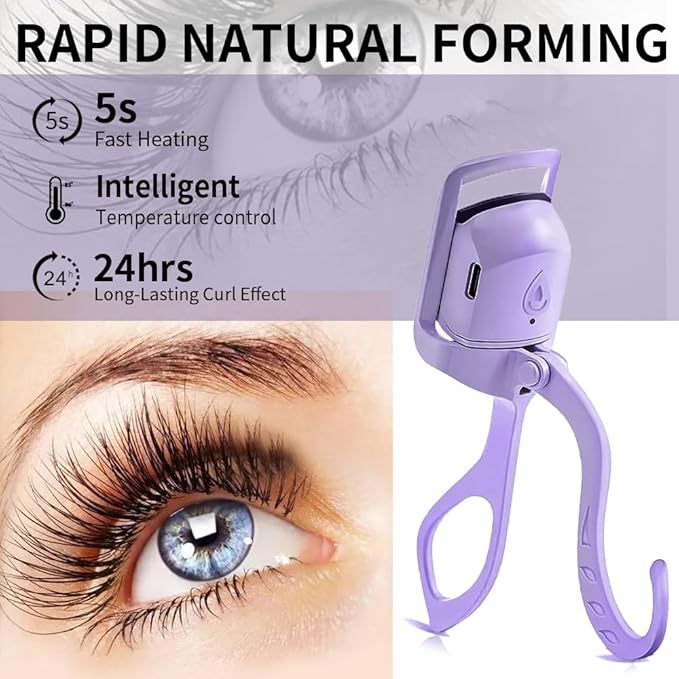 Heated Eyelash Curler, Fast 5s Heat up, 24 Hours Long Lasting, Rechargeable Electric Lash Curler, Temperature Control, Safe Anti-Burn Eye Lash Curler, Quick Natural Curling Lashes