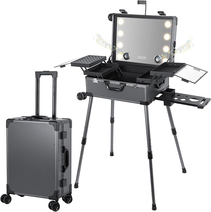 Rolling Makeup Train Case with Lighted Mirror and Bluetooth Speaker Professional Cosmetic Organizer Case with Wheels, Stands Portable Makup Station Vanity for Travel (Gray, Medium)