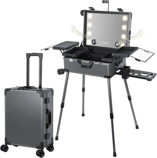 Rolling Makeup Train Case with Lighted Mirror and Bluetooth Speaker Professional Cosmetic Organizer Case with Wheels, Stands Portable Makup Station Vanity for Travel (Gray, Medium)