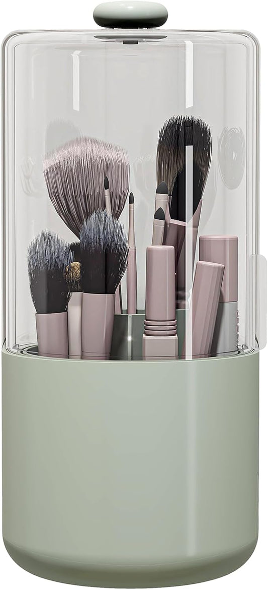 Zufudo Makeup Brush Holder with Dustproof Cover, Clear 360 Rotating Make Up Brushes Organizer for Counter Vanity Bathroom, Sage Green